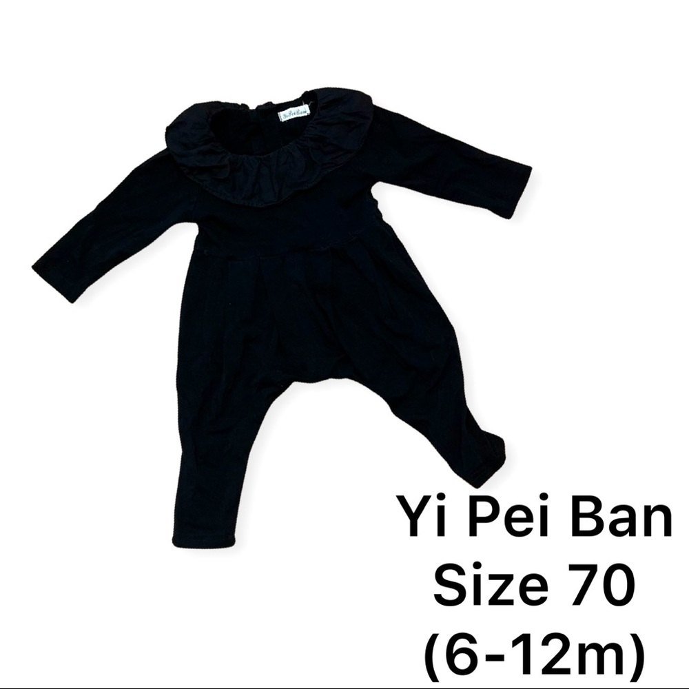 Cute black romper with ruffle neckline, size 6-12 month